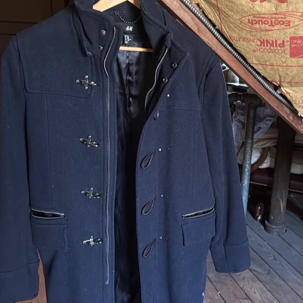 Black Pea Coat with Stand-Up Collar and Smooth Finish